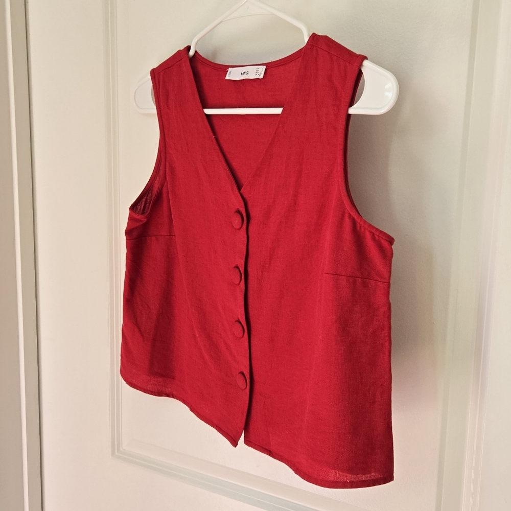 Mango Red Cropped Button-Front Sleeveless Cotton-Linen Vest Blouse Sz 4 - Picture 4 of 11
